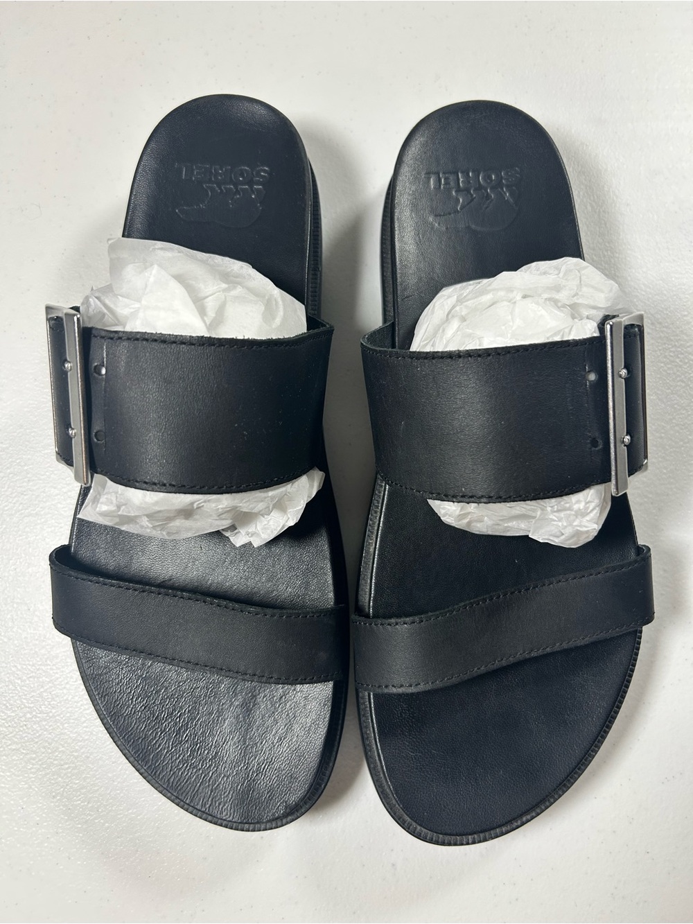 Women’s sorel  Black Leather Slide Sandals with Buckle